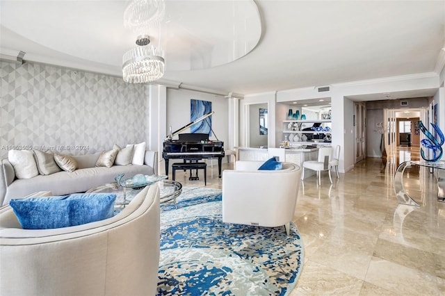 living area featuring crown molding, visible vents, an accent wall, wallpapered walls, and a notable chandelier