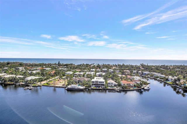 aerial view featuring a residential view and a water view