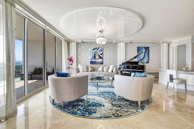 living area featuring crown molding and marble finish floor