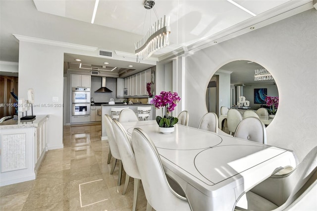 dining area with visible vents, arched walkways, a high ceiling, and ornamental molding