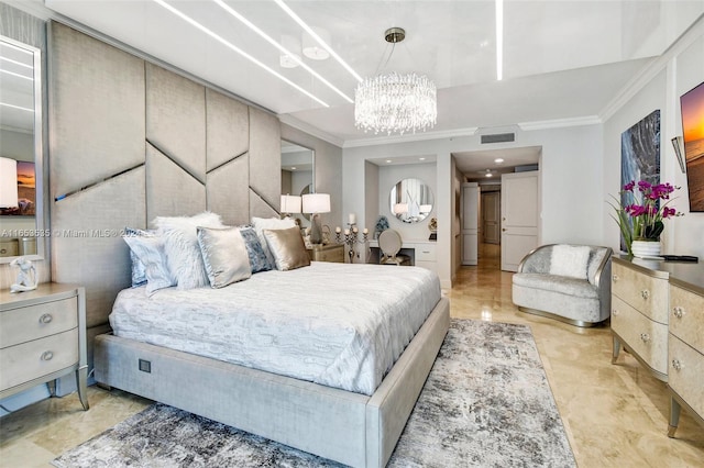bedroom with crown molding, a notable chandelier, and visible vents