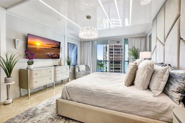 bedroom featuring an inviting chandelier, baseboards, and ornamental molding