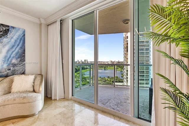 interior space with ornamental molding and a water view