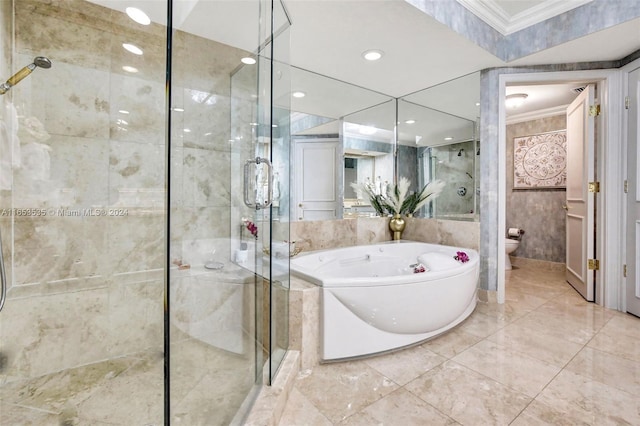 full bath featuring a garden tub, a shower stall, toilet, marble finish floor, and ornamental molding