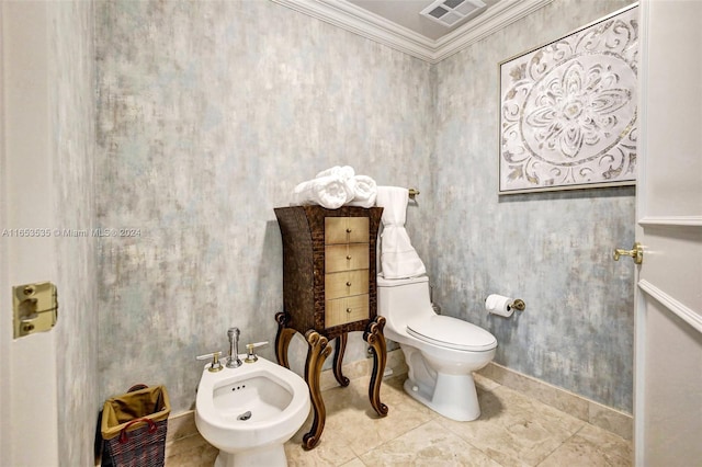bathroom with visible vents, crown molding, toilet, baseboards, and a bidet
