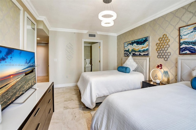 bedroom featuring a chandelier, baseboards, visible vents, and ornamental molding