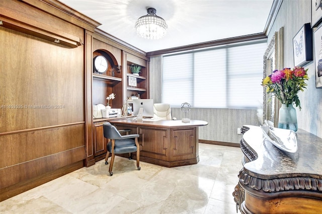 office with an inviting chandelier, ornamental molding, and built in features