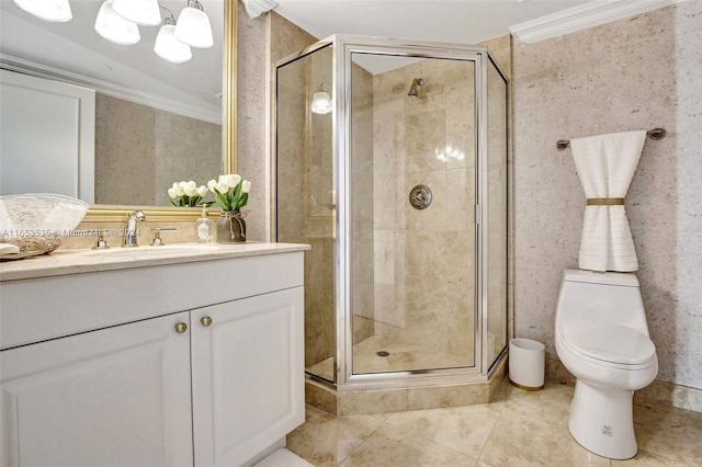 full bath featuring vanity, ornamental molding, tile patterned flooring, toilet, and a shower stall