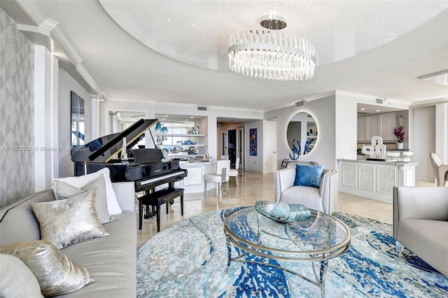 living area with an inviting chandelier, crown molding, and visible vents