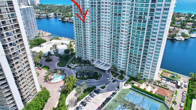 bird's eye view with a water view and a view of city