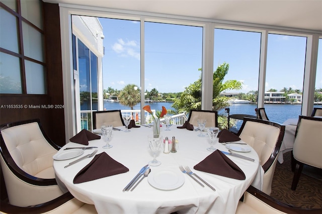 dining space featuring a water view and a healthy amount of sunlight