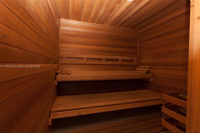 view of sauna featuring wood walls and wooden ceiling