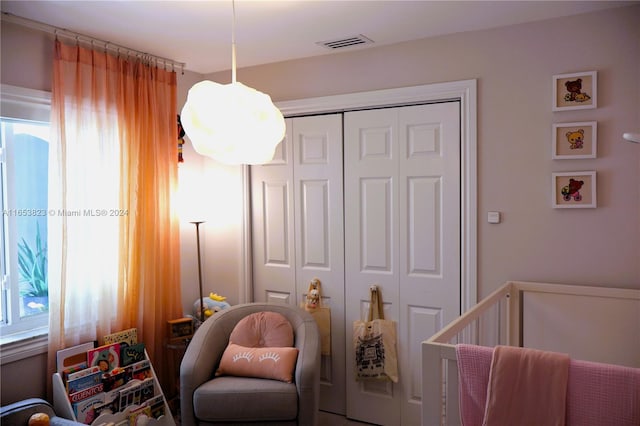 bedroom featuring a crib and a closet