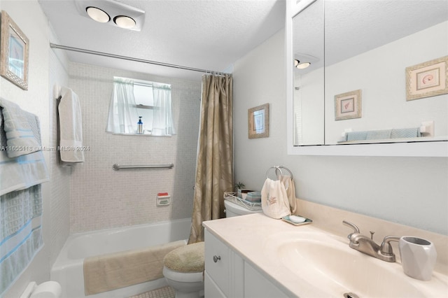 full bathroom featuring shower / bath combination with curtain, toilet, a textured ceiling, and vanity