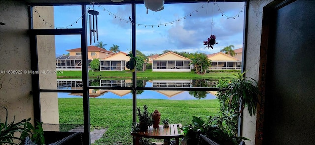 interior space with a water view