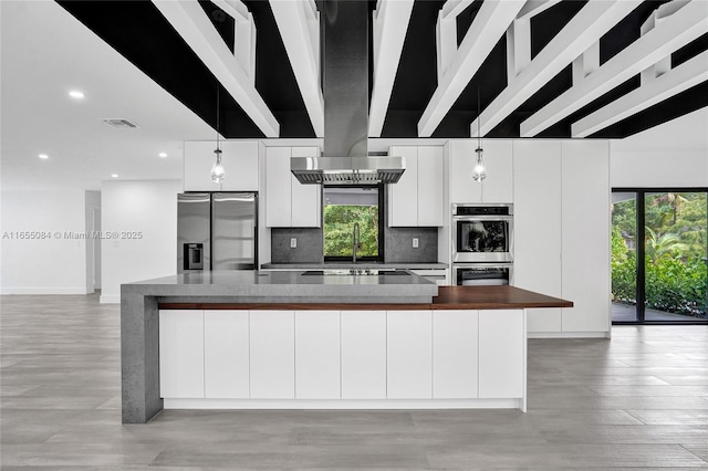 kitchen featuring hanging light fixtures, a large island, stainless steel appliances, and white cabinetry