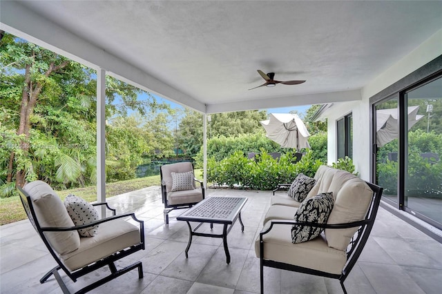 view of patio / terrace featuring ceiling fan and an outdoor hangout area