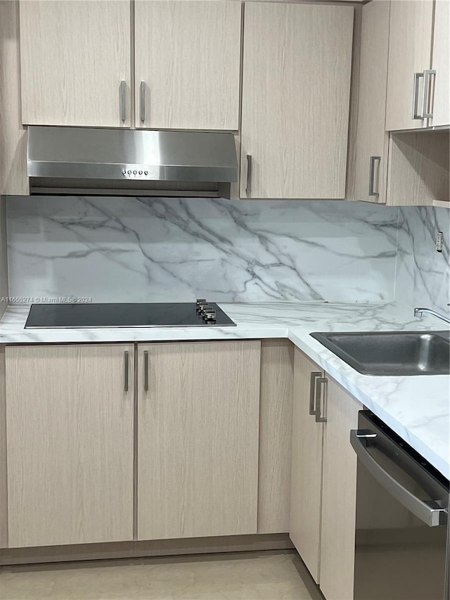 kitchen with sink, tasteful backsplash, stainless steel dishwasher, range hood, and light brown cabinetry