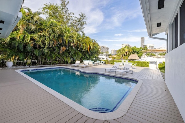 view of swimming pool with a patio area