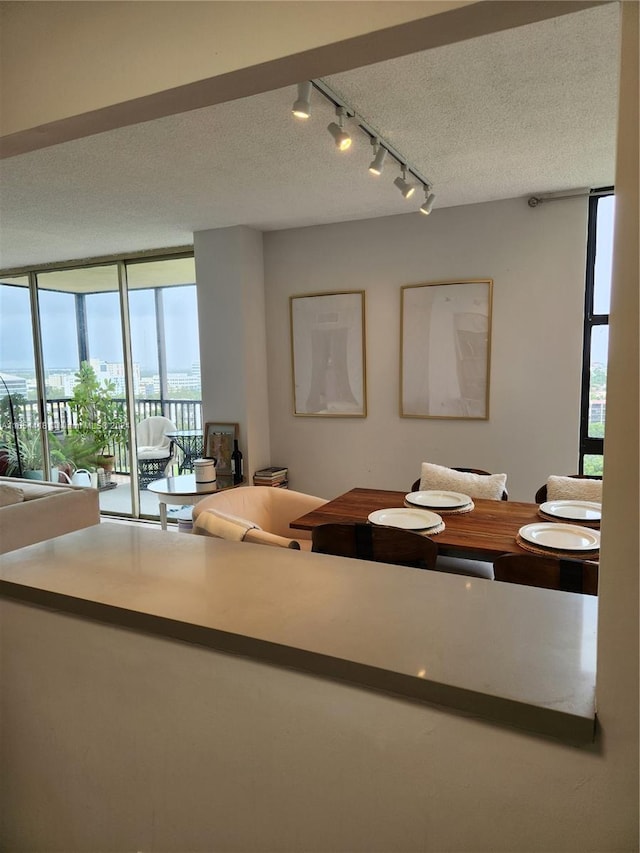 kitchen with a textured ceiling, rail lighting, and expansive windows