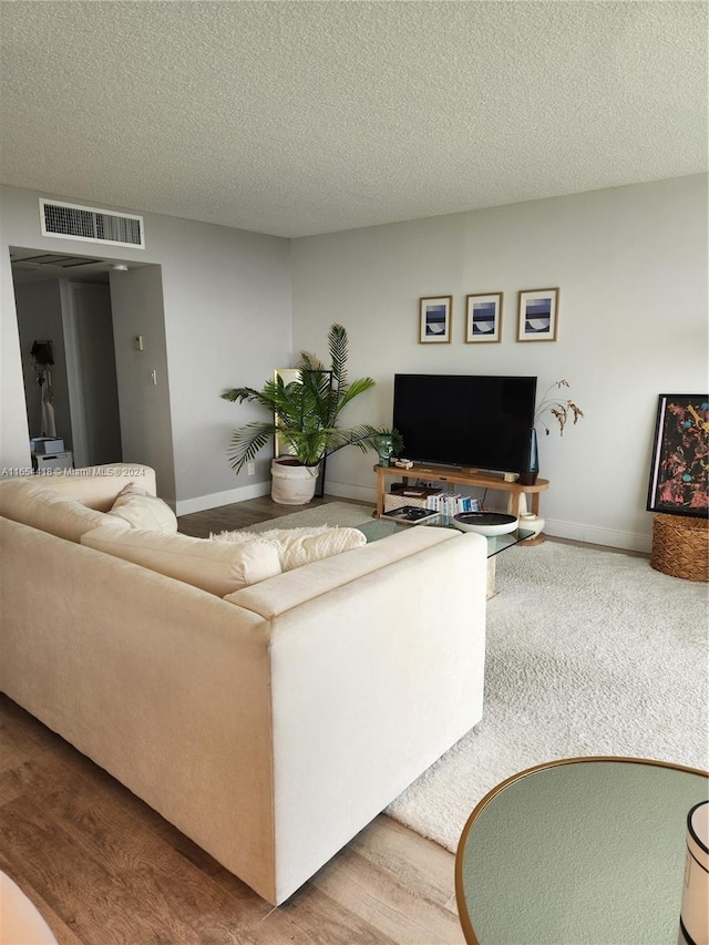 living room with a textured ceiling and hardwood / wood-style flooring