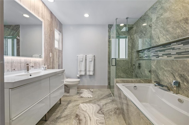 full bathroom with vanity, plus walk in shower, and toilet