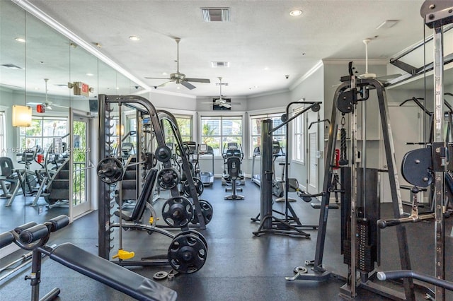 workout area with crown molding, a textured ceiling, and ceiling fan