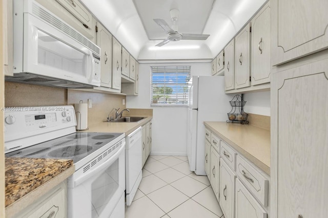 kitchen with white cabinetry, white appliances, light tile patterned floors, ceiling fan, and sink