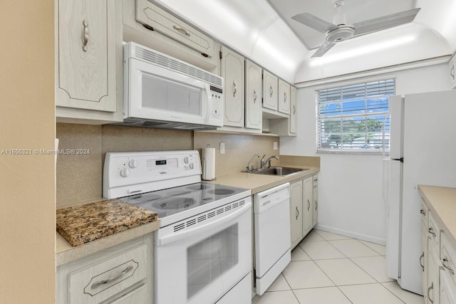 kitchen featuring white cabinets, backsplash, sink, and white appliances