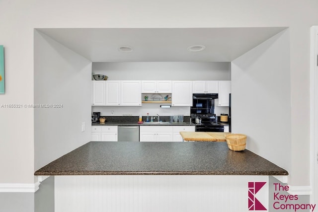 kitchen featuring black / electric stove, white cabinets, kitchen peninsula, dishwasher, and sink