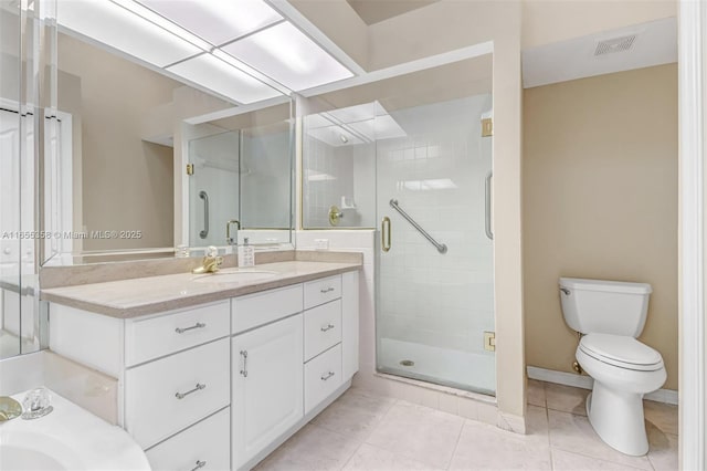 bathroom featuring tile patterned flooring, toilet, vanity, visible vents, and a stall shower