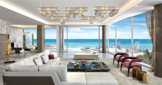 17901 Collins Unit Sf4, Sunny Isles Beach, FL 33160 - living area with a chandelier, floor to ceiling windows, and a water view