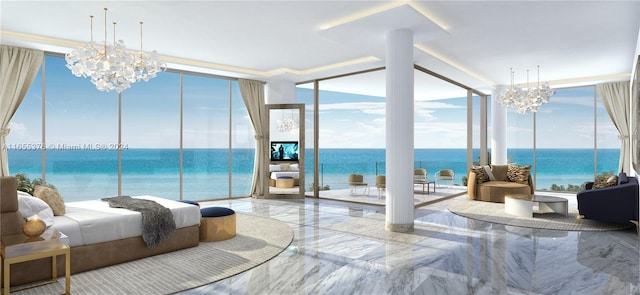17901 Collins Unit Sf4, Sunny Isles Beach, FL 33160 - bedroom featuring floor to ceiling windows, a chandelier, multiple windows, marble tiled flooring, and a water view