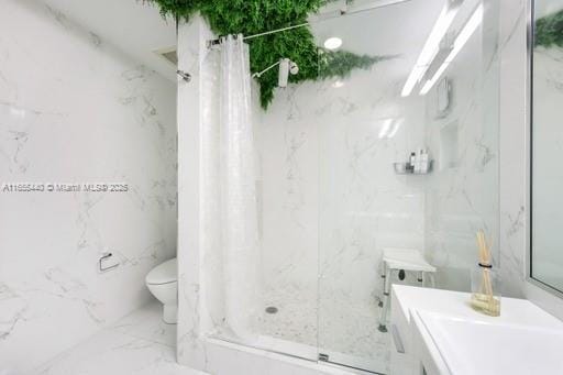 bathroom with toilet, a shower with curtain, and vanity