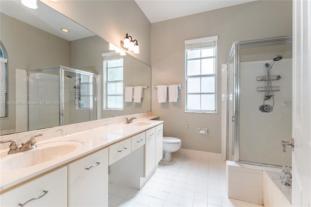 bathroom with vanity, tile patterned floors, an enclosed shower, and toilet