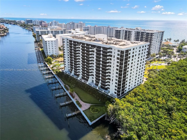 bird's eye view with a water view