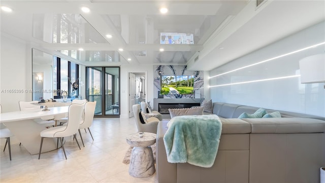 living room with beamed ceiling