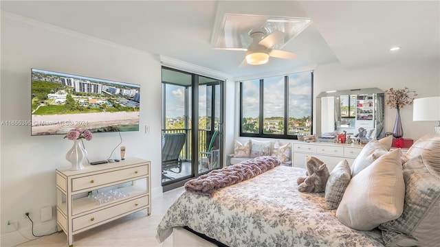 bedroom featuring crown molding, access to exterior, ceiling fan, and light tile patterned floors