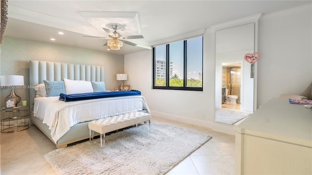 tiled bedroom with ceiling fan and ensuite bathroom