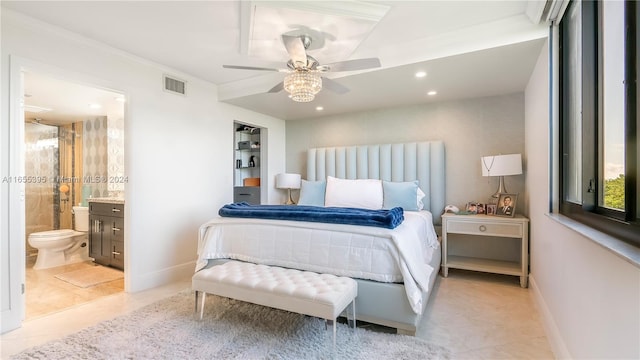 tiled bedroom featuring ceiling fan, connected bathroom, and ornamental molding