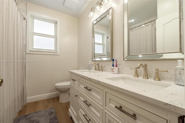 bathroom featuring toilet, vanity, and hardwood / wood-style flooring