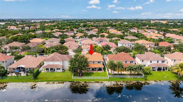 drone / aerial view featuring a water view