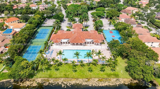 birds eye view of property featuring a water view