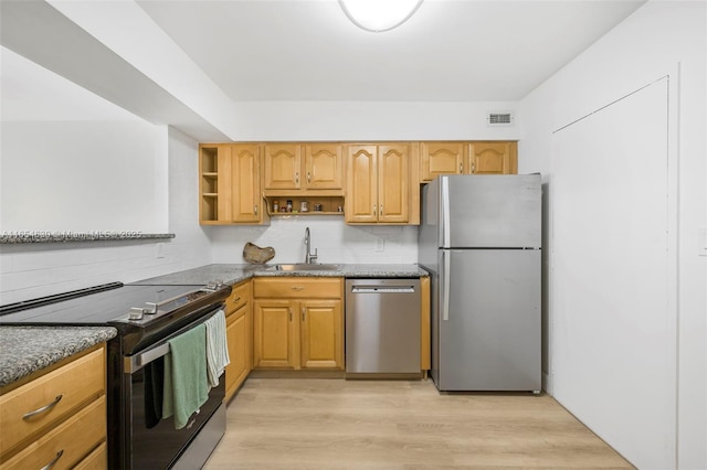 kitchen featuring open shelves, stainless steel appliances, visible vents, light wood-style flooring, and a sink