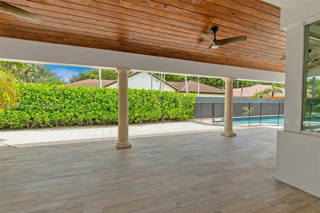 view of patio featuring ceiling fan and a fenced in pool