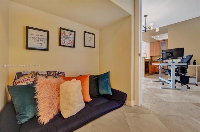 bedroom featuring a notable chandelier and light tile patterned flooring