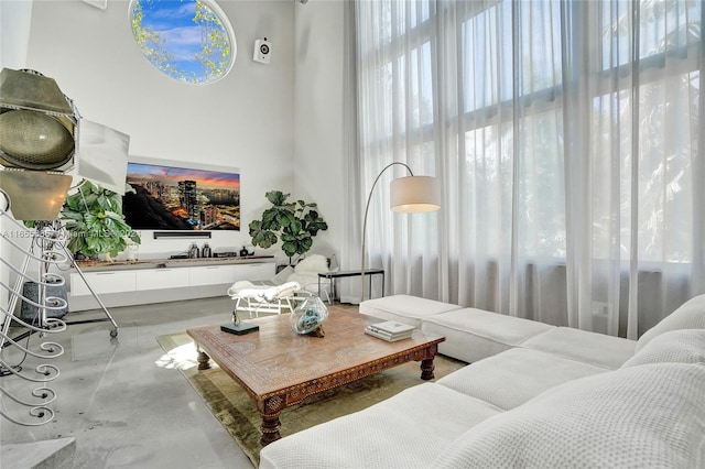 living room featuring concrete floors and a towering ceiling