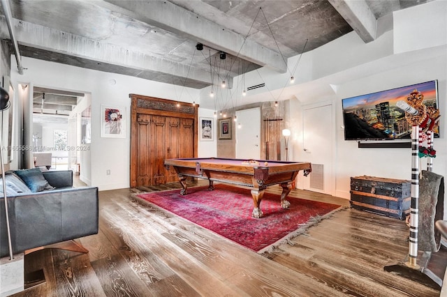 rec room with billiards and hardwood / wood-style flooring