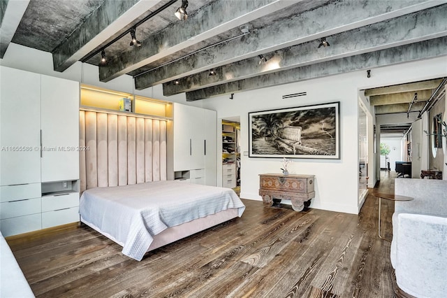 bedroom with dark wood-type flooring and beamed ceiling