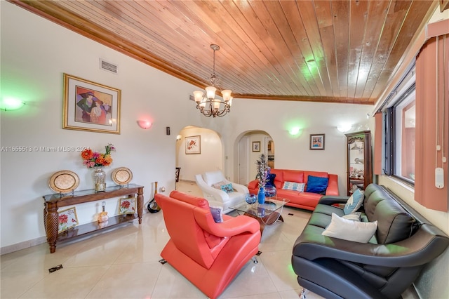 tiled living room with wood ceiling, ornamental molding, a chandelier, and lofted ceiling